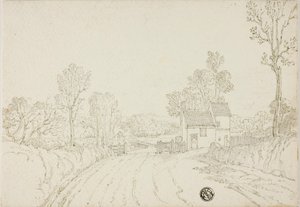 Weg langs huis in landschap door Unknown