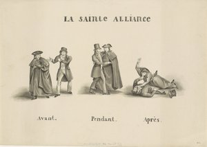 Spotprent op de alliantie gesloten tussen de roomse klerikale partij en de liberale partij tegen de Nederlandse regering, 1828 door Unknown