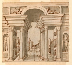 Toneelontwerp: architectonisch perspectief door Unknown