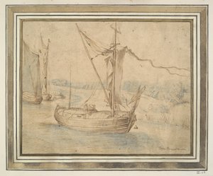 Drie boten in een heuvelachtig landschap