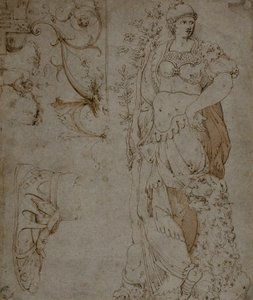 Drie schetsen: Fortitude, een sandaal, en grotesken (recto); Schetsen van grotesken, en Romeinse kuras (verso) door Unknown