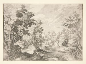 Zonder titel (Landschap met figuren in boot op de voorgrond) door Unknown