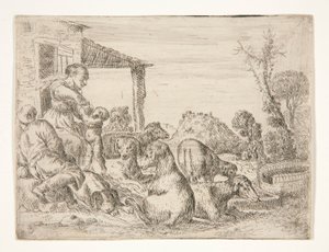 Zonder titel (Boerenfamilie met honden en lammeren in een landschap) door Unknown
