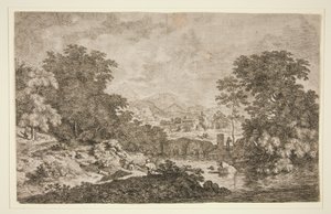Zonder Titel [Pastorale scène - bergachtig landschap nabij water en vijf figuren]