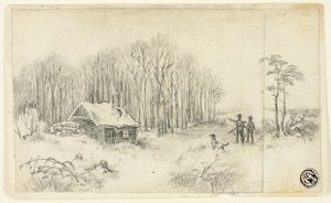 Boswachtershut, met jagers die naderen
