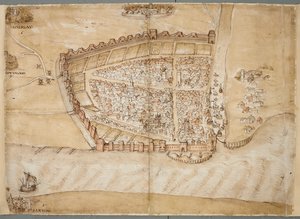 Een 16e-eeuwse weergave van de stad Hull. Deze kaart toont de stad Hull, gelegen waar de rivier de Hull uitmondt in de Humber-estuarium. Het is een van een reeks plannen die werden getekend om de staat van de kustverdediging in de late 1530s te tonen door Unknown artist