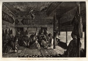 Een Tataarse school in Schusha (Transkaukasië, Rusland), onderwijs wordt gegeven aan jongens door de mullah, en bestaat uitsluitend uit lezen en schrijven, evenals commentaar op de verzen van de Koran. Gravure ter illustratie van de reis in de provincies v door Unknown artist