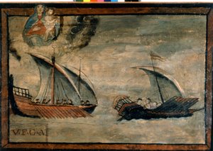 Een Turkse galei achtervolgt een galei van het Koninkrijk Napels. Ex-voto uit de 17e eeuw. Kerk van de Madonna dell