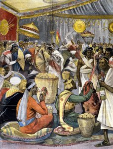 Een banket aan het hof van Koning Menelik II (1844 - 1913) in Ethiopië. Illustratie voor de late 19e-eeuwse pers.