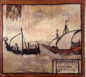 Een Barbarijse galei achtervolgt een boot van Napolitaanse vissers. Ex-voto uit de 17e eeuw. Madonna dell
