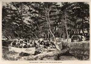 Een bourgeois picknick in de buitenwijken van Edo (het huidige Tokio), binnen een stoffen omheining, gasten, meestal twee families, delen hun maaltijd en vaak geschikt voor de gelegenheid voor muzikanten, dansers en pantomimes. Gravure ter illustratie van  door Unknown artist