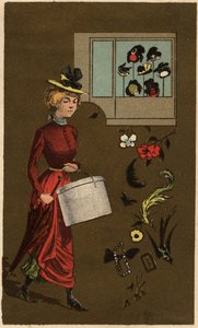 Een burgerlijke vrouw met een hoedendoos, anonieme chromolithografie, eind 19e eeuw. door Unknown artist