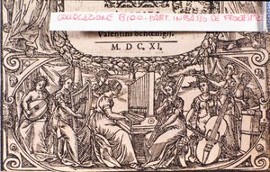 Een concert (detail). Frontispice van Compendium van muziek door Adam Gumpeltzhaimer
