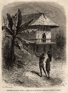 Een stel Indianen uit Rio Verde (Brazilië) de man met zijn blaaspijp, voor een typisch huis op palen. Gravure ter illustratie van de reis naar Nieuw-Granada, door Dr. Saffray, in 1869, gepubliceerd in 