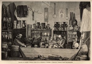 Een curiositeitenwinkel in Yokohama. Gravure ter illustratie van de reis naar Japan, door Aime Humbert, minister van de Zwitserse Confederatie, in 1863-1864, gepubliceerd in 