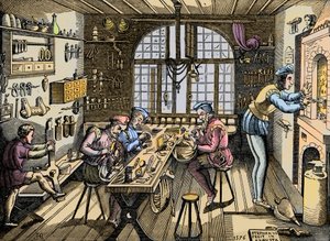 Een goudsmid werkplaats - Ambacht: zicht op de werkplaats door Etienne Delaune (1518-1583), goudsmid, Franse drukker. Gravure naar een origineel uit 1576