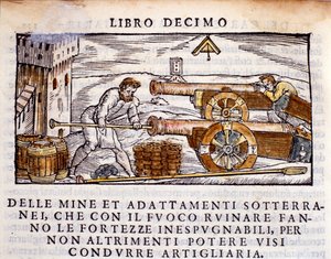 Een kanonnier die een kanon met explosieven laadt. Gravure uit 