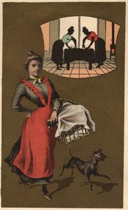 Een wasmachine die wasgoed in een mand draagt. Anonieme chromolithografie, eind 19e eeuw. door Unknown artist