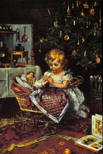Een klein meisje ontdekt de pop en de kinderwagen onder de kerstboom. 19e eeuw door Unknown artist