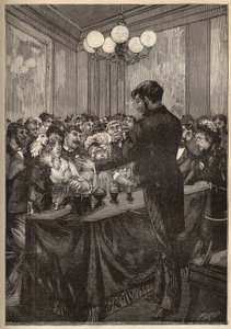 Een goochelaar die een nootmuskaatdoos gebruikt om een bal te laten verschijnen en verdwijnen. Gravure uit 1885 in “Les arts et métiers illustrés” door Adolphe BITARD door Unknown artist