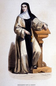 Een Bernardijnse non, lid van de Orde van Sint-Benedictus hervormd in de 12e eeuw door Sint-Bernardus. Gravure uit de 19e eeuw