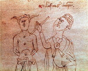 Een patiënt die een miniatuur dokter raadpleegt uit het manuscript 