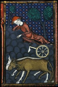 Een boer rust uit, naast hem ossen en een miniatuurploeg uit de 14e eeuw. door Unknown artist