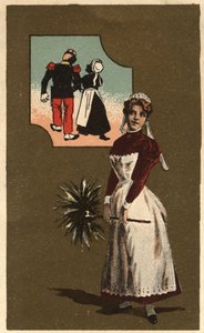 Een dienstmeisje met een veer. Ze droomde van de arm van een knappe soldaat. Anonieme chromolithografie, eind 19e eeuw. door Unknown artist