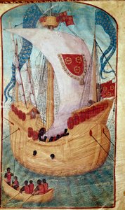 Een schip met zeil versierd met het wapen van Louis Malet (1441-1516), heer van Granville. Miniatuur van Olivier de la Marche (1425-1502) 1483 Chantilly, Musee Conde door Unknown artist