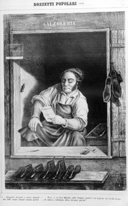 Een schoenmaker in de 19e eeuw: Als we de belastingen op hakken te hoog maken, hoeveel lange mannen zouden klein worden... door Unknown artist