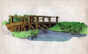 Een kleine houten brug over een rivier