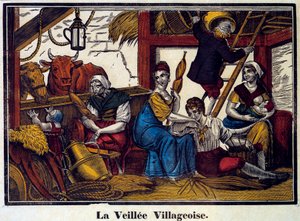 Een dorpsnachtleven: een boerenfamilie in een schuur door Unknown artist