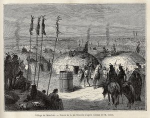 Een dorp van Mandans Indianen (of noumah ka kie: fazanten) op de linkeroever van de Missouri, 600 mijlen van de stad Saint Louis. Gravure ter illustratie van een excursie onder de Indianenstammen van de bekkens van Colombia en Boven-Missouri, door G. Catli