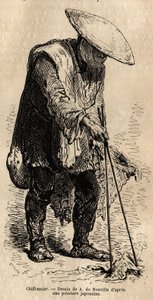 Een wandelende voddenraper, met lange eetstokjes pakt hij de vodden die hij in zijn mand opslaat voordat hij ze aan een groothandelaar verkoopt. Gravure ter illustratie van de reis naar Japan, door Aime Humbert, minister van de Zwitserse Confederatie, in  door Unknown artist
