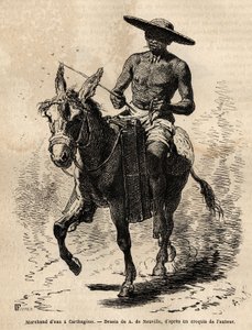 Een waterverkoper in Cartagena (Colombia), water is schaars en zijn handel is lucratief, de verkoper bezit nog een mul, vult bamboestammen met vloeistof, die hij willekeurig in de straten verkoopt. Gravure ter illustratie van de reis naar Nieuw-Granada, do