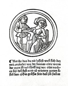 Het bloeden van een vrouw. Houtsnede in ""Buch de Surgery"" door Hyeronimus Braunschweig. Straatsburg 1497
