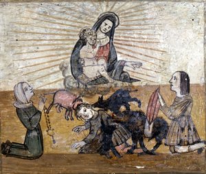 Een jonge jongen aangevallen door een groep wilde varkens (wilde zwijnen). Ex voto van de 16e eeuw van het heiligdom van de Madonna del Monte bij Cesena (Forlì).