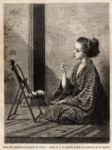 Een jong meisje uit Yedo (of Edo, het huidige Tokio), schildert haar lippen voor haar spiegel, heeft aan haar zijde de lakdoos met haar benodigdheden: kammen, borstels en haarspelden, tandpoeder, rijstpoeder en andere cosmetica. Gravure ter illustratie van