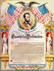 Abraham Lincoln en zijn proclamatie van de emancipatie van slaven (vlaggen en adelaar). 22/09/1862 door Unknown artist