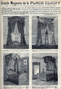 Reclame voor meubels en decoraties van de warenhuizen van de Place de Clichy in Parijs. Gravure in 
