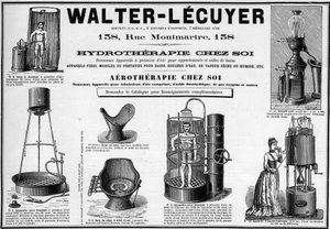 Reclame uit 1889 voor mobiele armaturen voor baden, douches, droog of natte stoom, bidet, merk Walter-Lecuyer