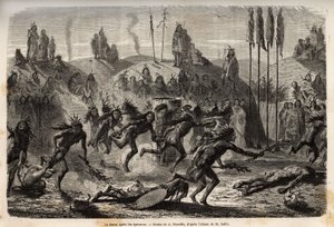 Na de ceremonie van zelfovergave aan de Grote Geest, omarmen de jonge krijgers een uitzinnige en uitbundige dans, de zwaksten worden over de grond gesleept, onder de Mandan-indianen (of noumah ka kie: fazanten), aan de linkeroever van de Missouri. Gravure 