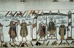 Na de dood van Edward de Belijder werd Harold gekroond tot koning onder de naam Harold II in 1066 (detail) door Unknown artist