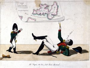 Ah, papa, je hebt jezelf pijn gedaan. Cartoon over de ballingschap van Napoleon Bonaparte op het eiland Elba. door Unknown artist
