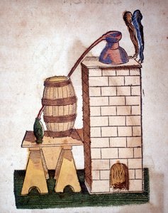 Alchemie: apparaat voor distillatie. Gravure uit een boek van Pietro Andrea Mattioli (Matthiole) (1500-1577). Frankfurt