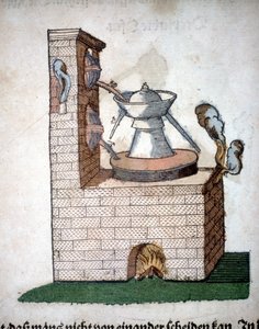 Alchemie: apparaat voor distillatie, uit een boek van Pietro Andrea Mattioli (Matthiole) (1500-1577). Frankfurt