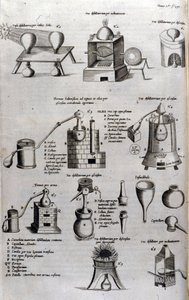 Alchemie: bord dat verschillende modellen van distillatieapparatuur en alambieken voorstelt. Athanase Kircher (1602-1680), Duitse jezuïet. 17e eeuwse gravure door Unknown artist