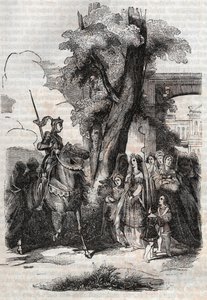 Alcina en haar hof komen Ruggiero begroeten - gravure van 1851 uit het gedicht Orlando furioso (1516) door Ludovico Ariosto - Editie vertaald uit het Italiaans door de Graaf van Tressan en uitgegeven door Gustave Harvard 1851 door Unknown artist