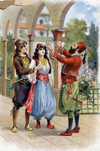 Ali Baba. (Ali-Baba) (Verhalen van Duizend-en-een-nacht): om Morgiane te belonen, geeft Ali Baba haar in huwelijk aan zijn zoon. Chromolithografie uit de 19e eeuw door Unknown artist