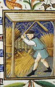 Allegorische voorstelling van augustus. Een boer die tarwe slaat. Miniatuur van een 14e-eeuws manuscript. door Unknown artist